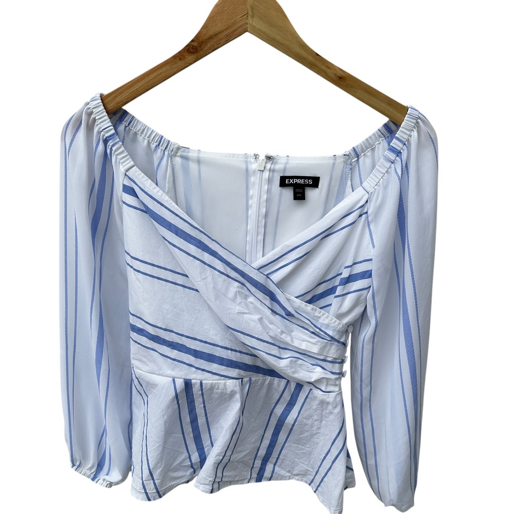 Express Top Striped Off Shoulder Blue White XXS Business Casual NWOT Classic